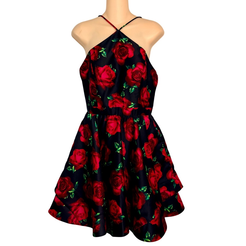 Camille La Vie Red Rose Floral Halter Fit Flare Cocktail Dress‎ Black Satin Sz 7
